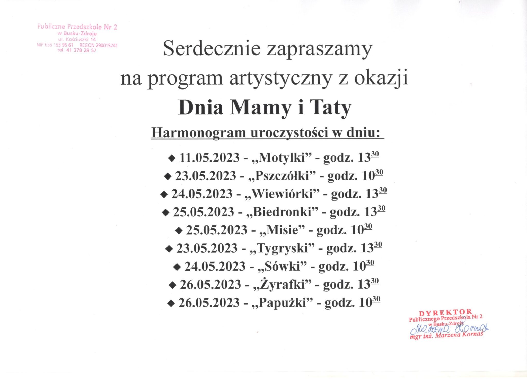 Zaproszenie Na Program Artystyczny Z Okazji Dnia Mamy I Taty Publiczne Przedszkole Nr W