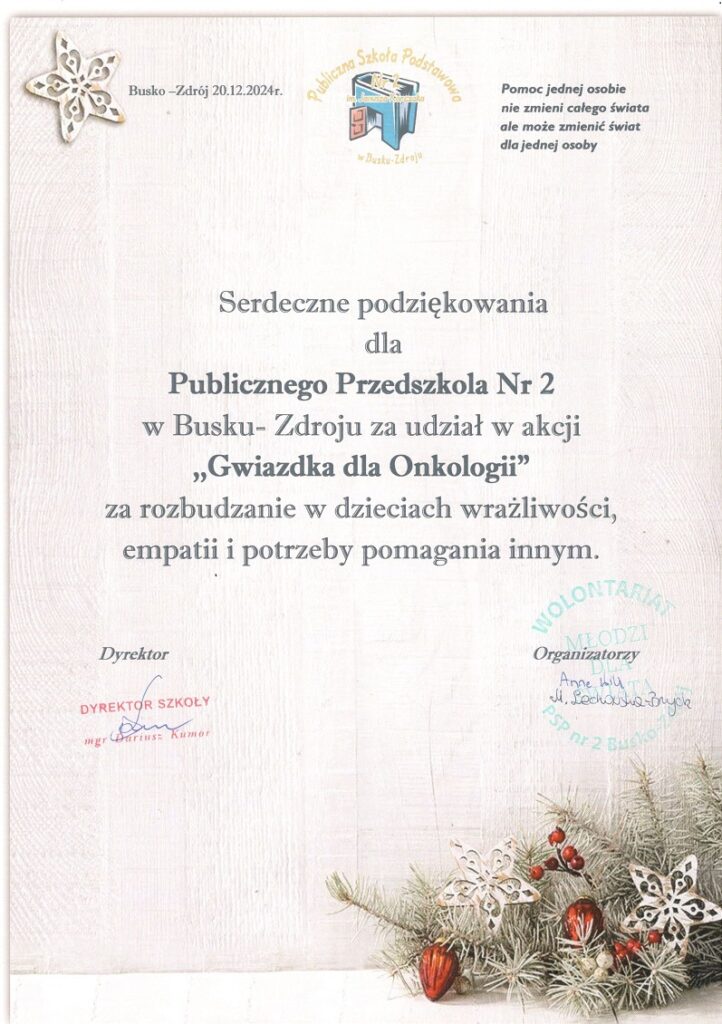 Podziękowania za udział w akcji "Gwiazdka dla OnkologiI""